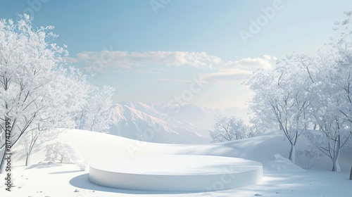 3d podium stage in the snow land background