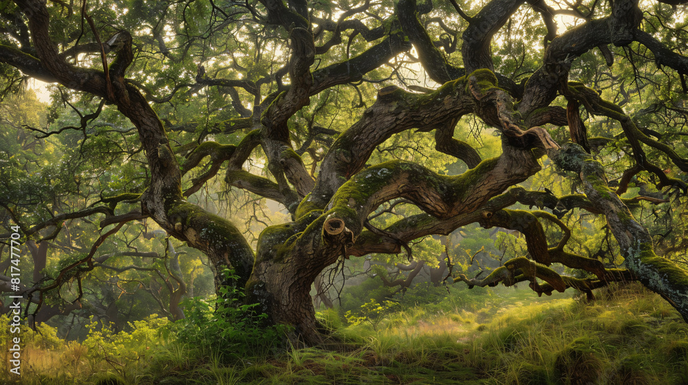 Lush Green Oak Tree with Sunlight and Moss Texture Background for Nature Photography with copy space text, perfect for showcasing nature and outdoor themes. Lush Green Oak Tree with Sunlight and Moss Texture Background for Nature Photography with copy space text, perfect for showcasing nature and outdoor themes.