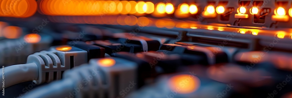 close - up of network switches with blinking indicator lights, featuring an orange light on the left close - up of network switches with blinking indicator lights, featuring an orange light on the left