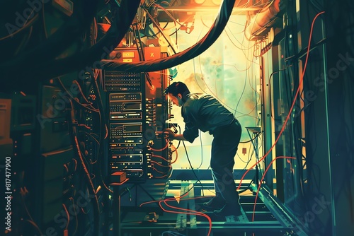 An IT technician repairing hardware in a server room