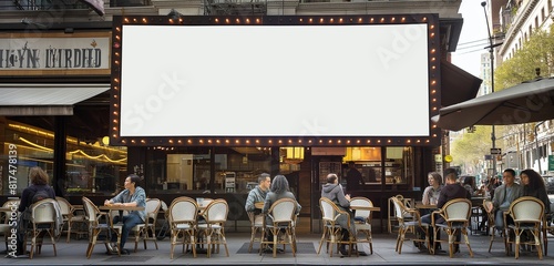 A blank billboard above a popular cafe in a bustling city, the spot frequented by trendy locals and offering prime advertising space. 32k, full ultra HD, high resolution photo