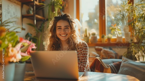 Mulher estudando e trabalhando de casa em home office, ela é sorridente photo