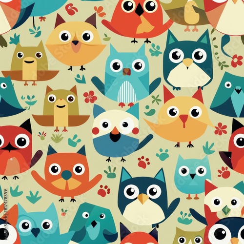 Seamless pattern of blocky animal shapes like cats, dogs, and birds, perfect for wrapping gifts for pet lovers, Generative AI