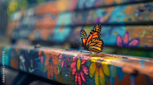 A stunning Monarch butterfly perches on a colorfully painted bench adorned with graffiti