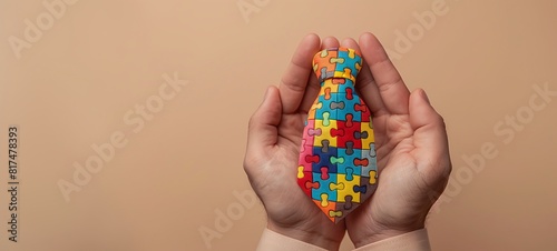 Autismo, gravata em homenagem ao autismo, mãos segurando gravata do autismo, desenhos em formato de quebra cabeça colorido photo