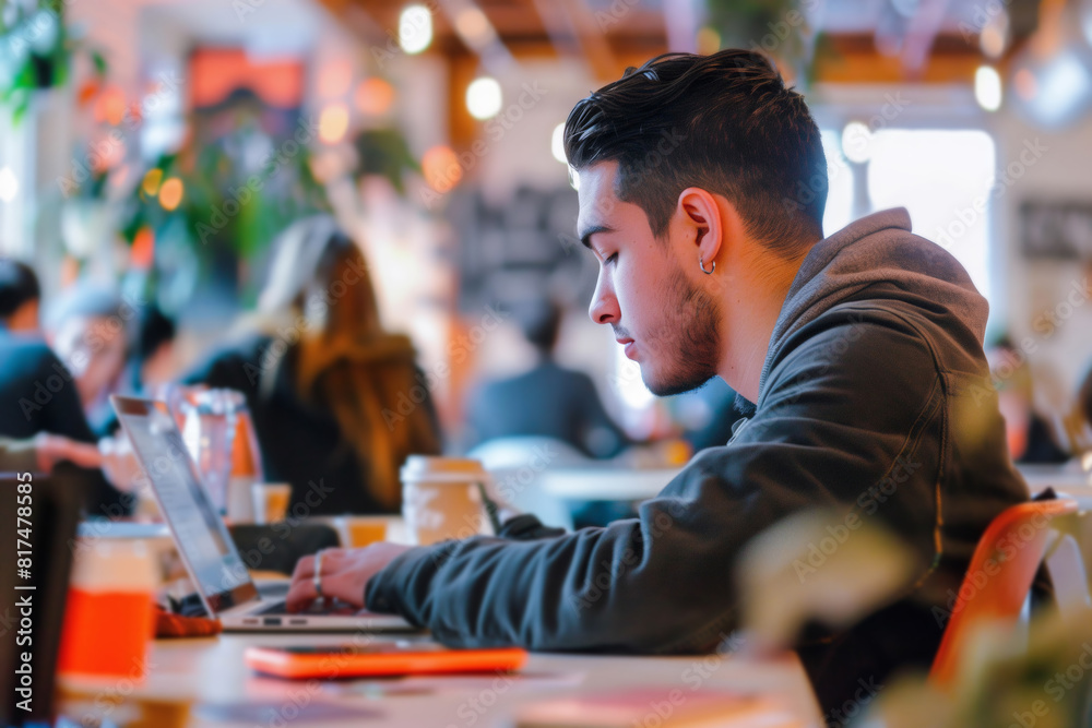 Focused Young Man Working on Laptop in Modern Cafe Focused Young Man Working on Laptop in Modern Cafe