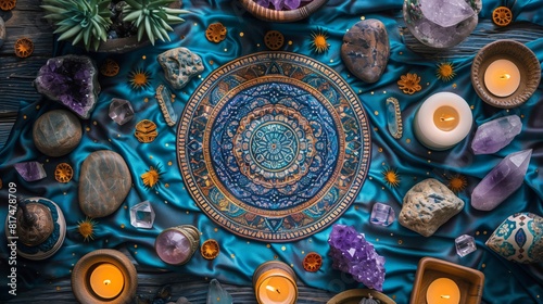 Overhead View of Tarot Spread with Crystals and Candles on Blue Fabric