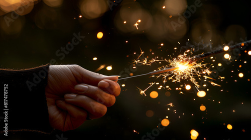 Close-up hand holding burning firework at night, American man celebrating holiday travel event by the sea, Generative AI