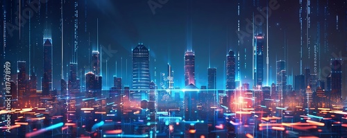 futuristic city skyline with holographic buildings and lights  featuring a towering skyscraper  a bustling street  and a serene river flowing through the center