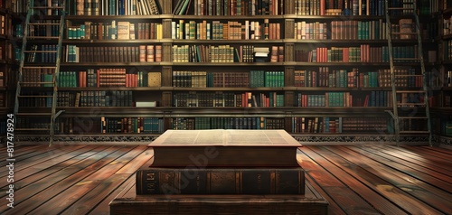 Giant book podium in a grand library, great for literary releases or educational product launches.