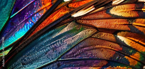Macro photography of vibrant butterfly wings, displaying detailed patterns for a colorful and engaging wall piece. photo