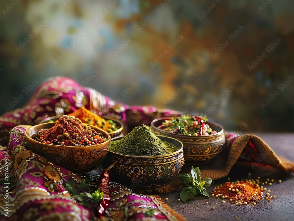 Fototapeta premium Traditional spices in ornate bowls, richly textured cloth backdrop, perfect for a cultural culinary exploration feature.