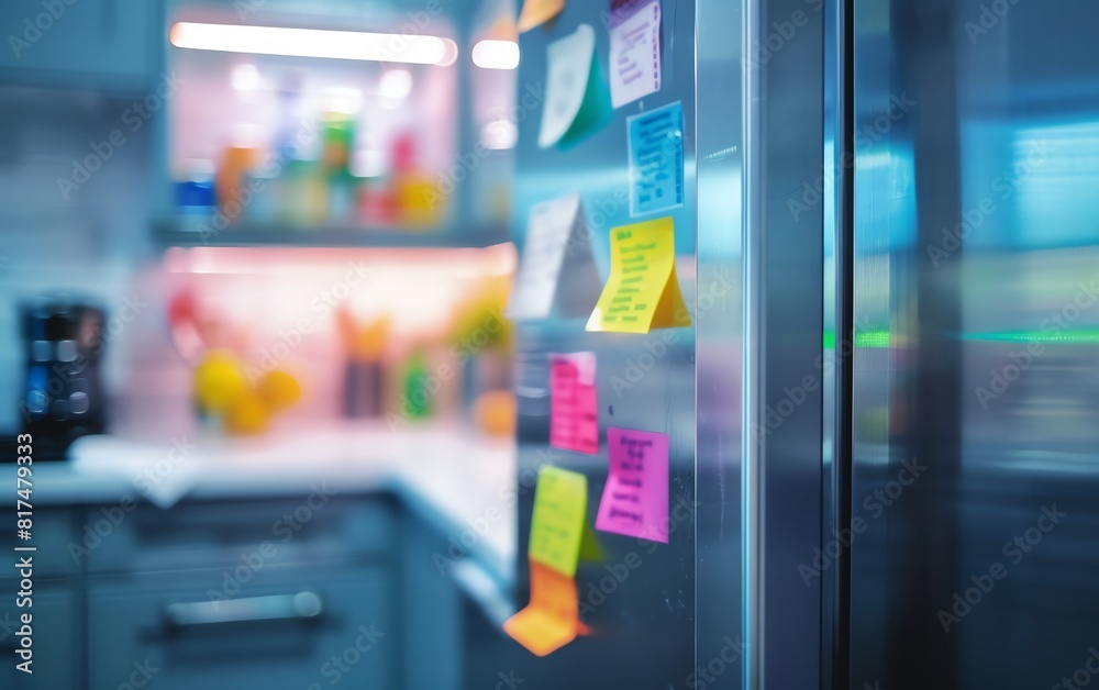 A grocery list on a fridge door with colorful magnets, selective focus, organization theme, vibrant, Multilayer, a modern kitchen as backdrop A grocery list on a fridge door with colorful magnets, selective focus, organization theme, vibrant, Multilayer, a modern kitchen as backdrop