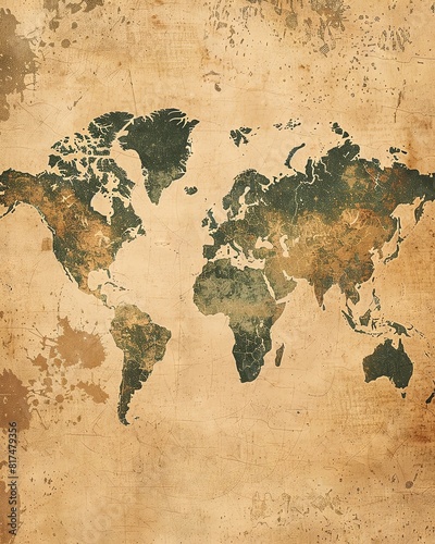 Vintage map of the world with a rustic texture  suitable for educational or travelthemed wall art.