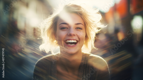 portrait of a happy young woman with wide smile and bright white teeth. glitches bokeh light burst and lense effects.