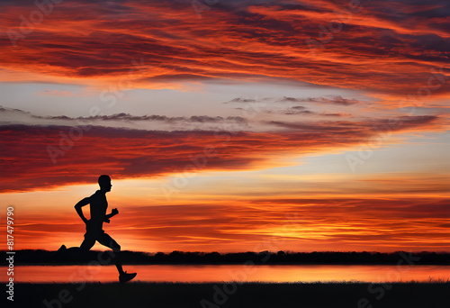 A dynamic silhouette of a runner captured against the vibrant, fiery hues of a sunrise. Generative AI illustration. © MetphSoban