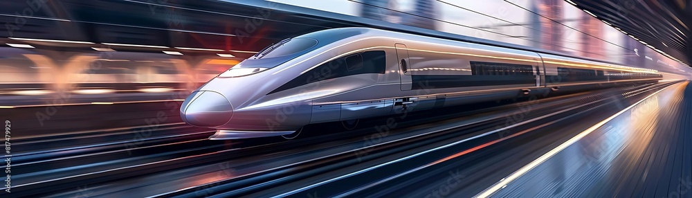 futuristic transportation concept with high - speed train passing by a blurry building and a window