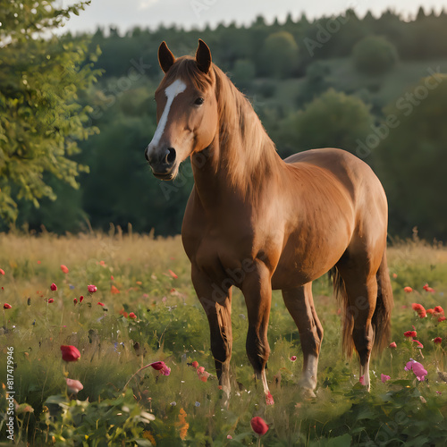 a brown horse standing in a field of flowers