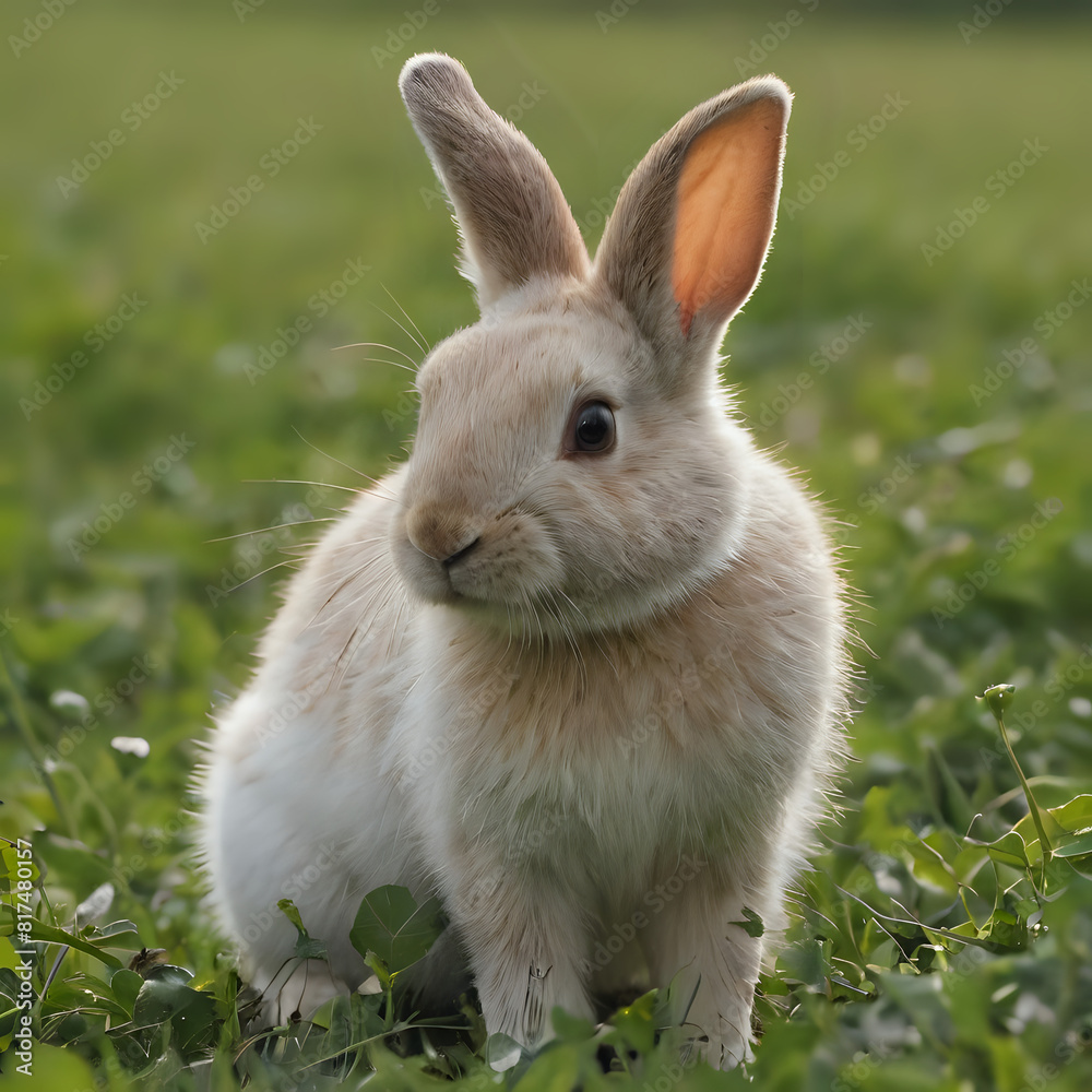 Fototapeta premium a small rabbit sitting in the grass with its ears open