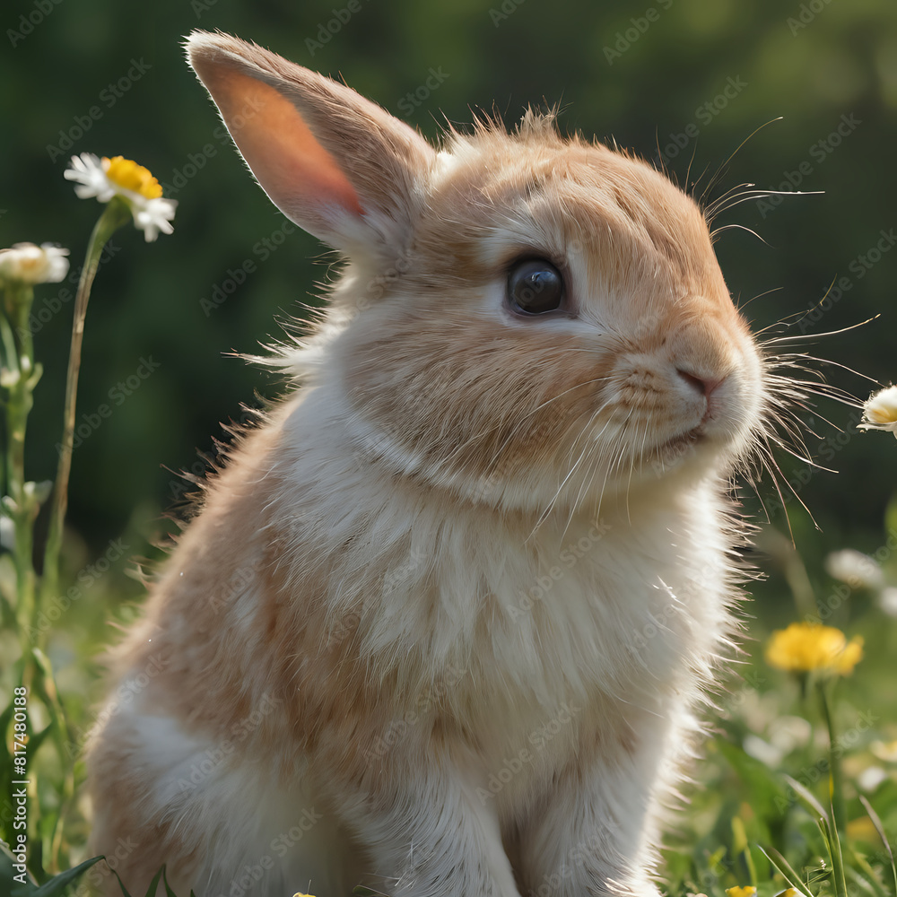 a small rabbit sitting in the grass with flowers a small rabbit sitting in the grass with flowers