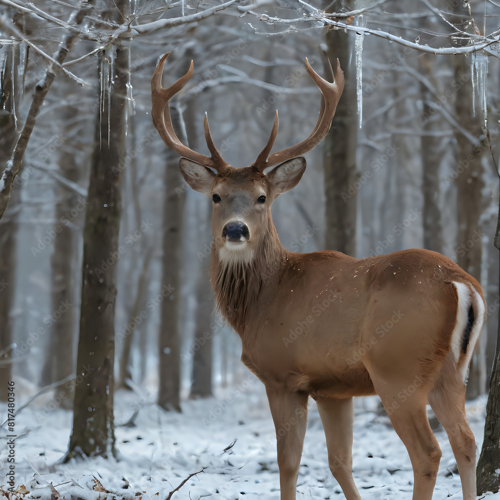 a deer that is standing in the snow in the woods a deer that is standing in the snow in the woods