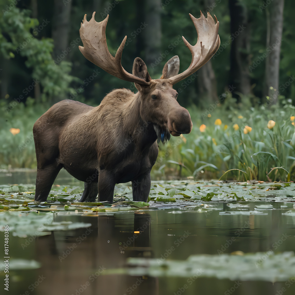 a moose standing in the water with large antlers a moose standing in the water with large antlers