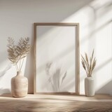Frame mockup, interior background, 3d render, Scandinavian interior design, A wooden frame mockup with a white background and a vase of wheat.