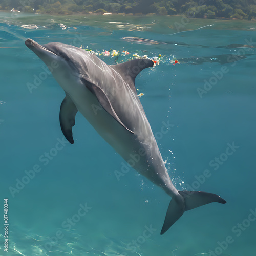 dolphin swimming in the ocean with a plastic bag in its mouth