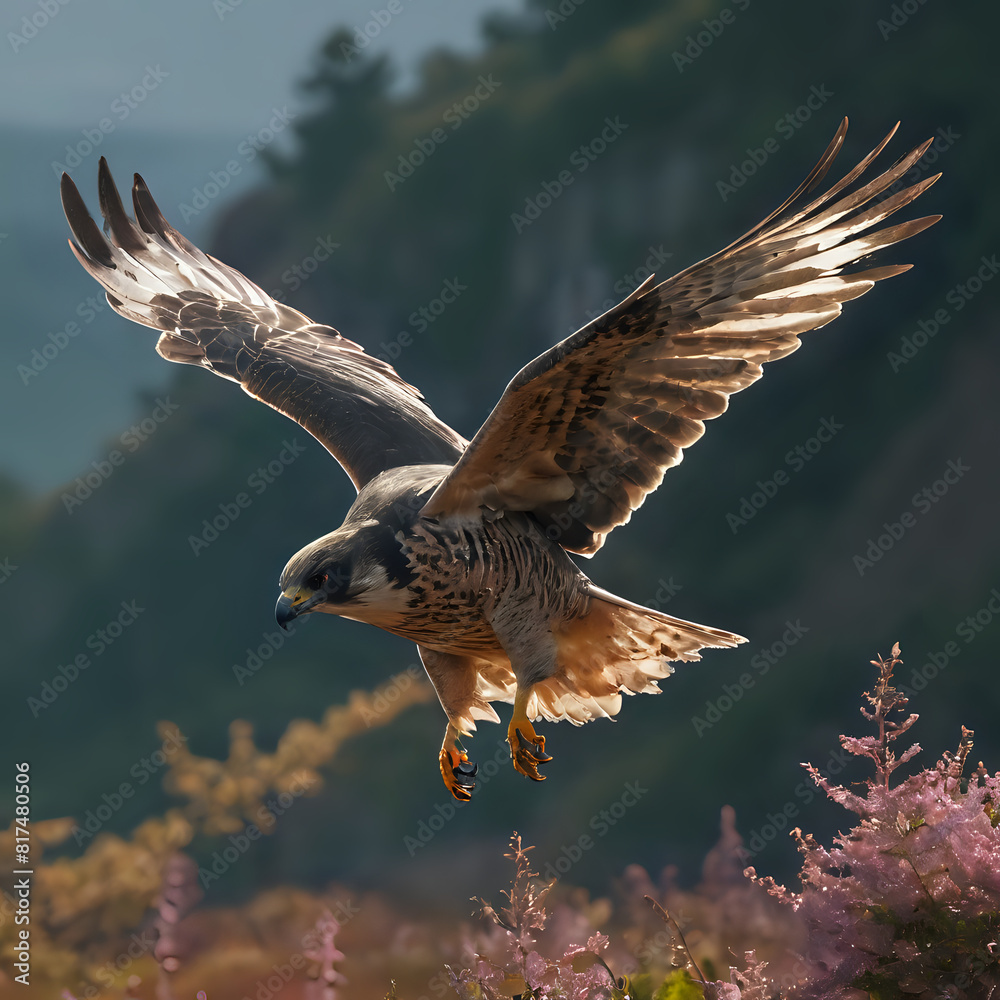Fototapeta premium a bird that is flying over some flowers