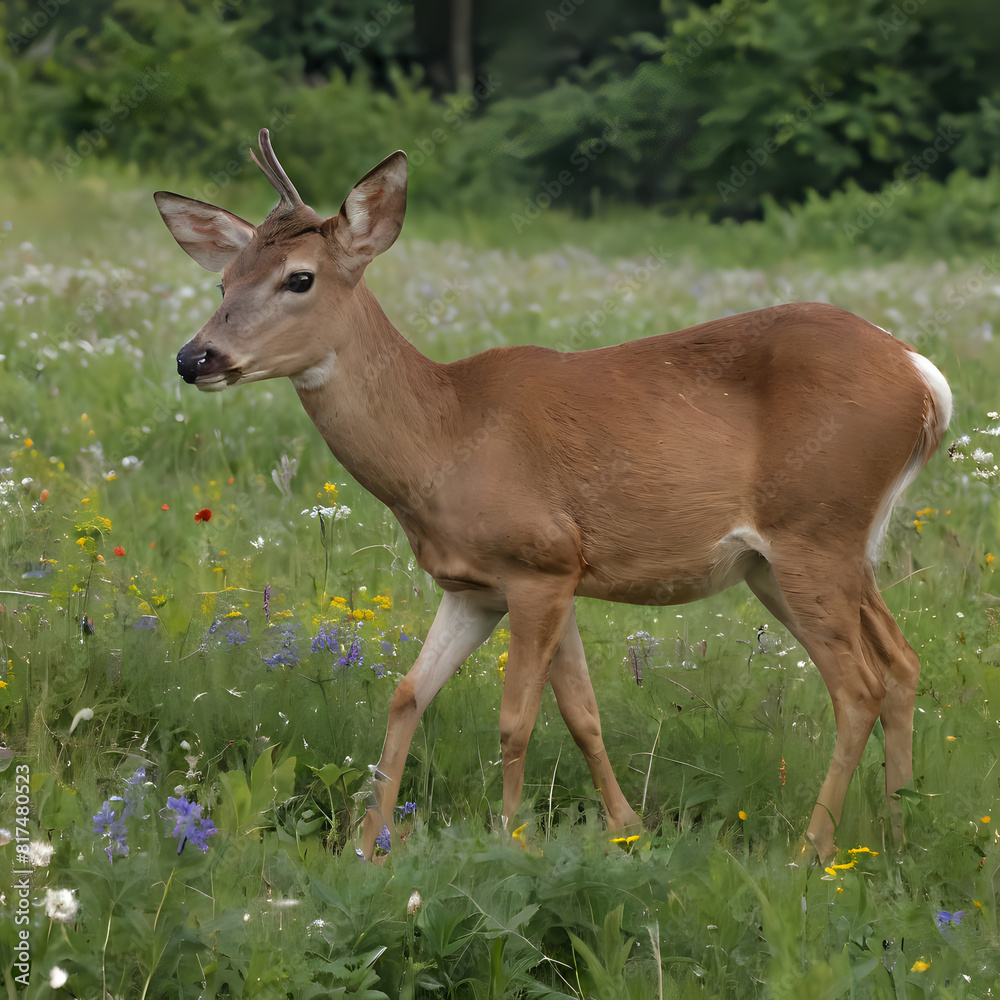 a deer that is standing in the grass with flowers a deer that is standing in the grass with flowers