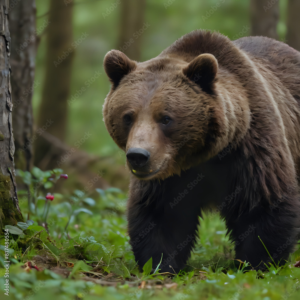 a brown bear walking through the woods in the grass a brown bear walking through the woods in the grass
