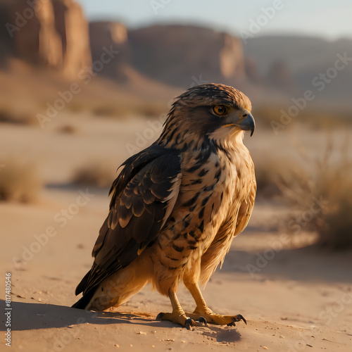 a bird of prey sitting on the ground in the desert