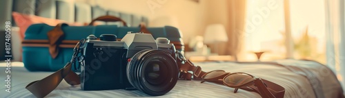 A travel packing list with items laid out, close up, vacation theme, dynamic, Double exposure, a suitcase on a bed as backdrop