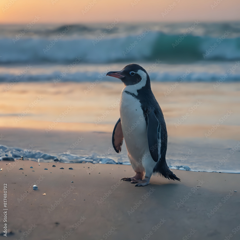 Fototapeta premium a penguin standing on the beach at sunset with waves in the background