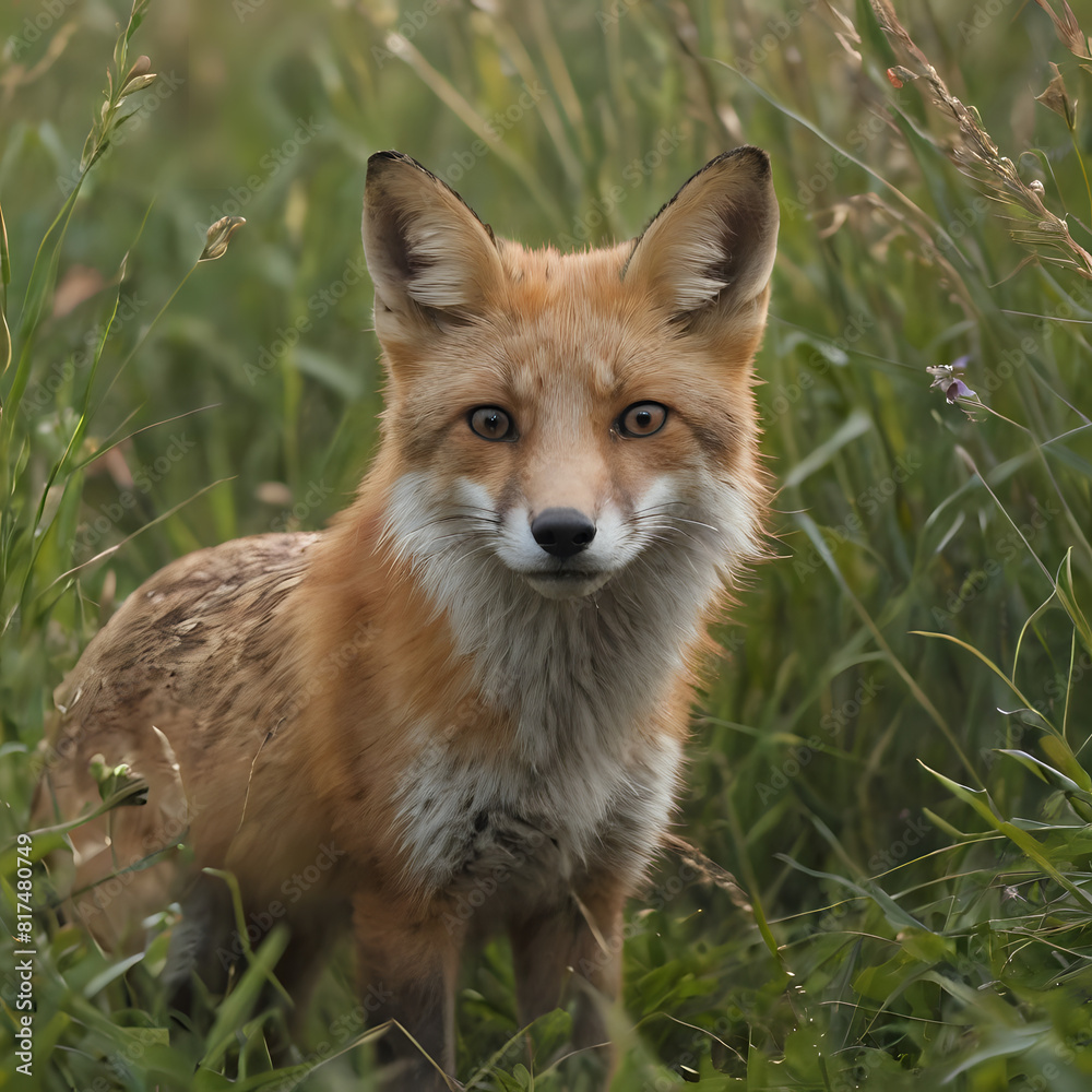 Obraz premium a fox that is standing in the grass looking at the camera