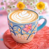 Close up on latte art in colorful mug, studio Lighting, pastel background, single flowers in background