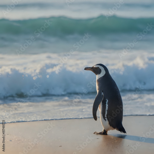 a penguin standing on the beach looking at the water