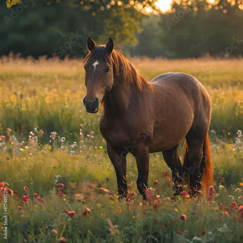 a horse standing in a field of flowers in the sun