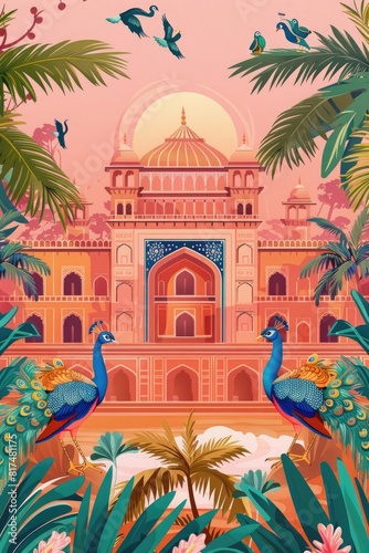 poster background design for India  architecture of maj Indies style with an Indian palace in the center  peacocks and palms on the border  pink color 