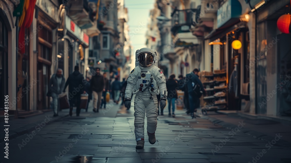 Astronauta andando pelo planeta terra em meio a pessoas comuns