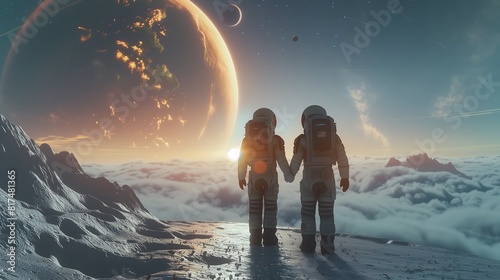 Casal de astronautas chegando a um planeta desconhecido, imagem impactante de ficção cientifica photo