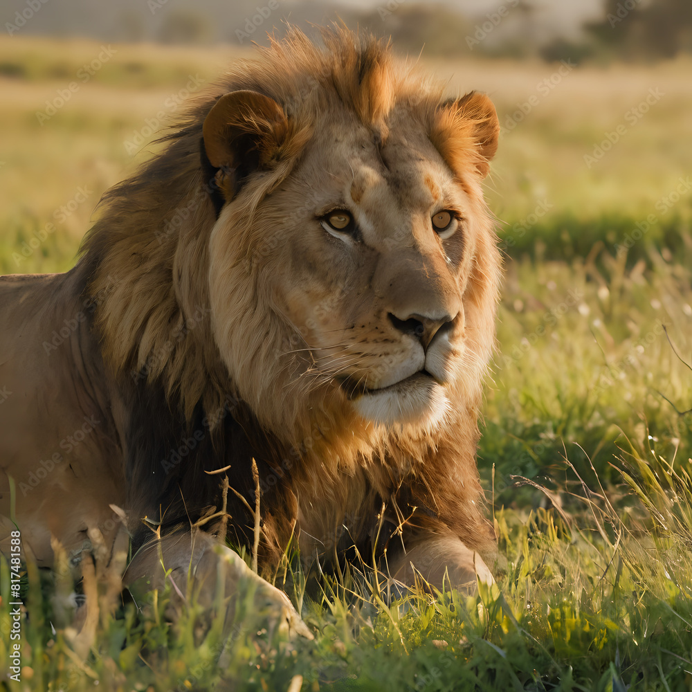 Fototapeta premium a lion that is laying down in the grass