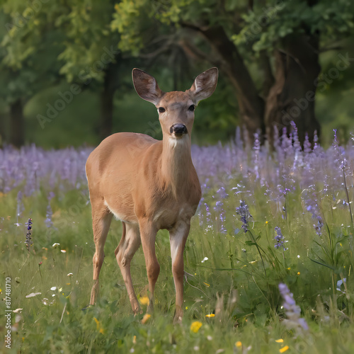 a deer that is standing in the grass with flowers © Masum