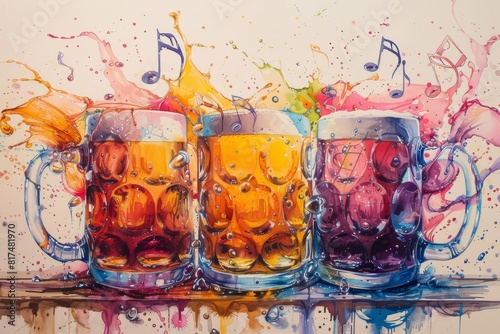 Abstract interpretation of beer mugs toasting, splashes forming musical notes, whimsical and colorful, blending celebration with art