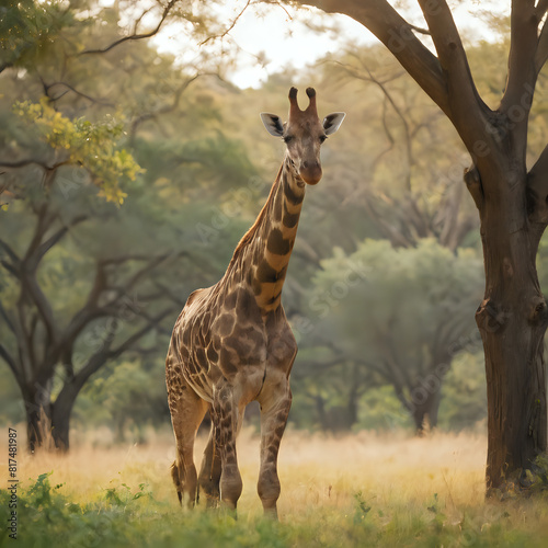 a giraffe standing in the grass near a tree