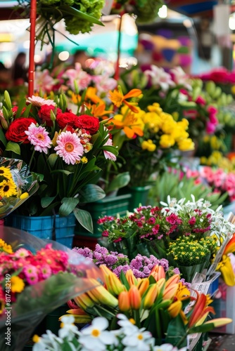 A vibrant flower market  with stalls overflowing with colorful blooms and fragrant scents  Generative AI