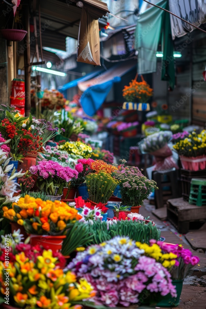 A vibrant flower market, with stalls overflowing with colorful blooms and fragrant scents, Generative AI