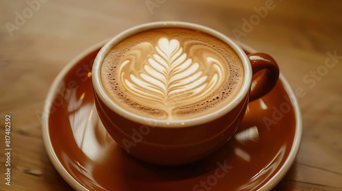 artful coffee latte with foam design served on a brown plate, placed on a wooden table with a brown handle visible in the background