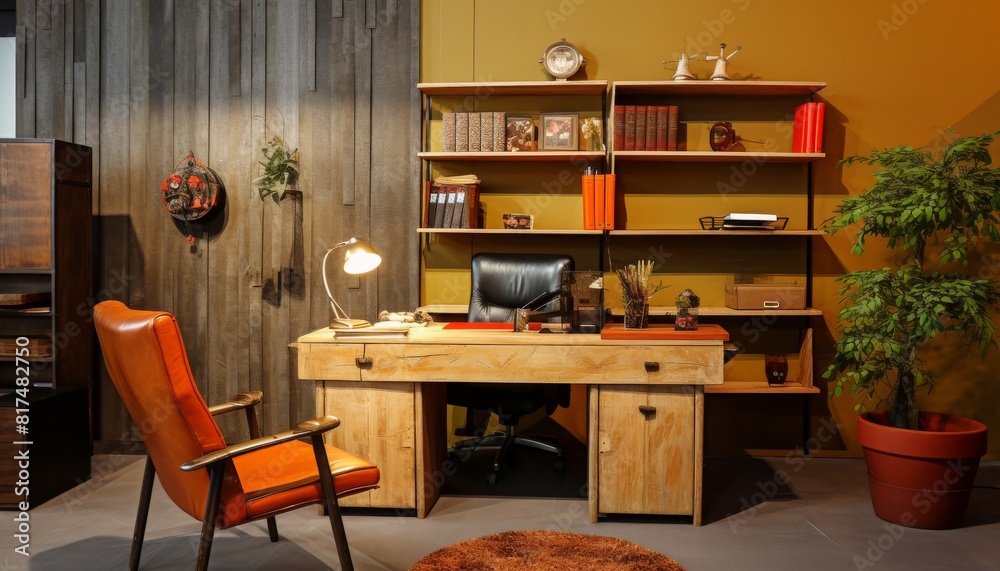 Retro home office with orange accents. There is a desk, a chair, a bookshelf, a rug and some plants. Retro home office with orange accents. There is a desk, a chair, a bookshelf, a rug and some plants.