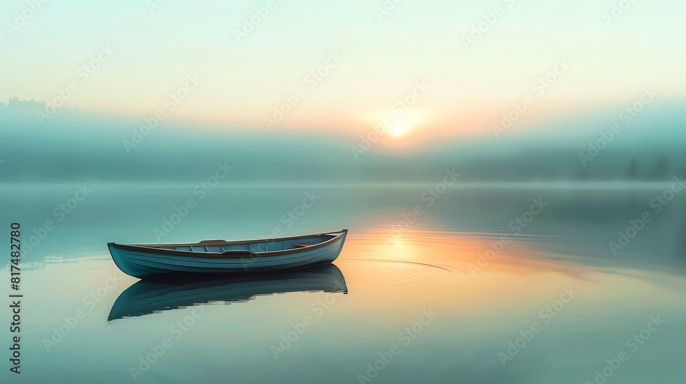 A lone boat on a calm lake at sunrise, focus on, serenity theme, whimsical, Double exposure, a tranquil lake as backdrop A lone boat on a calm lake at sunrise, focus on, serenity theme, whimsical, Double exposure, a tranquil lake as backdrop